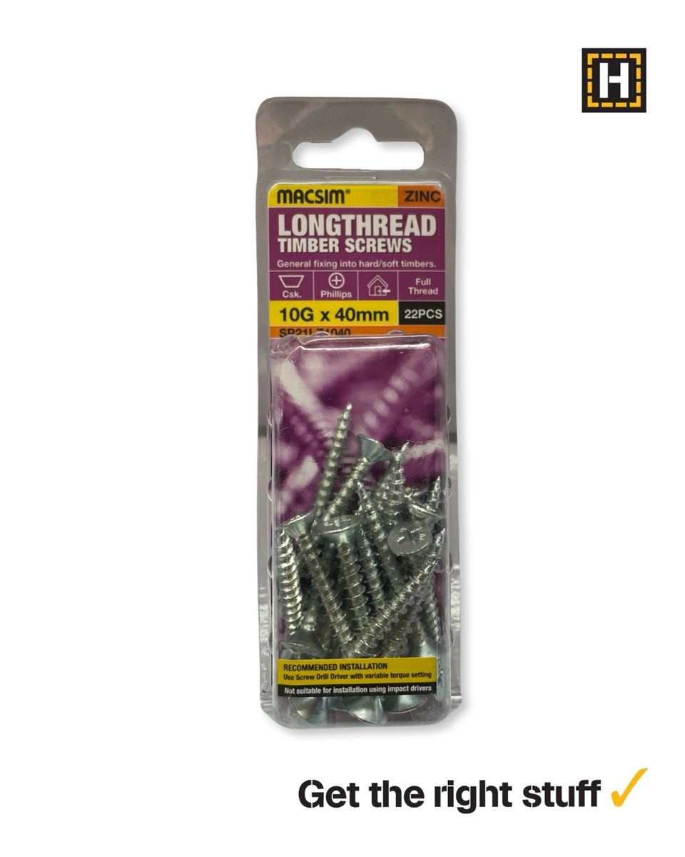 Macsim Longthread Timber Screws 10g x 40mm Zinc Plated