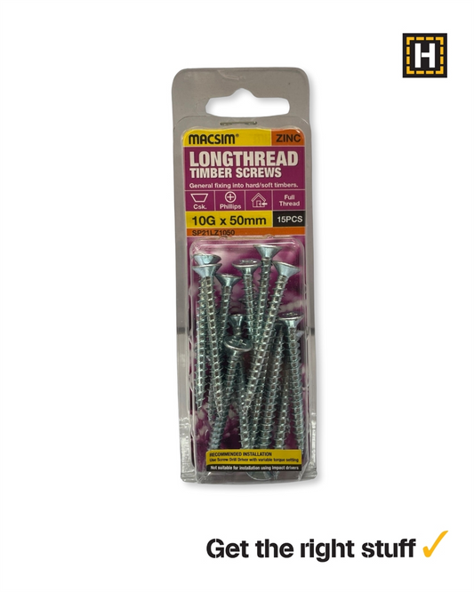 Macsim Longthread Timber Screws 10g x 50mm Zinc Plated