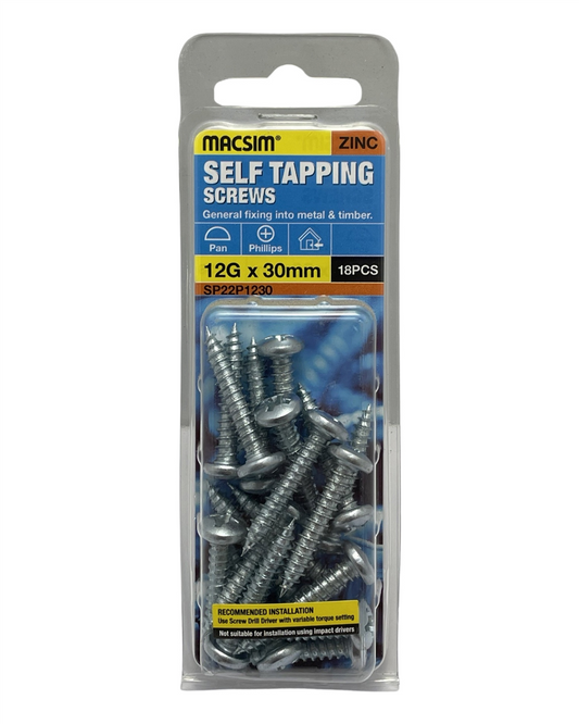 Macsim 12g x 30mm self tapping screws, 18 pack