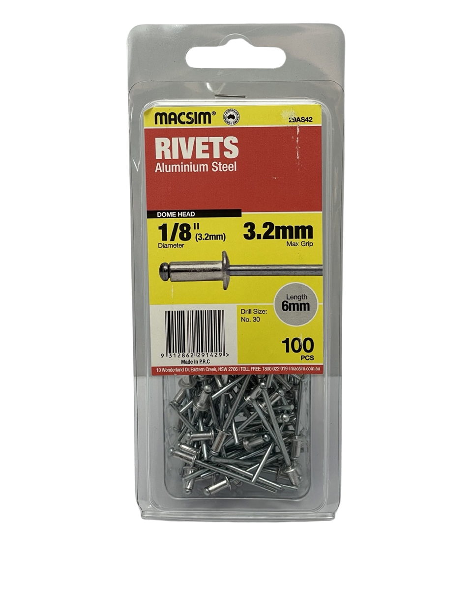 Macsim Dome Head Aluminium Blind Rivets 3.2 x 3.2mm, 100 Pack
