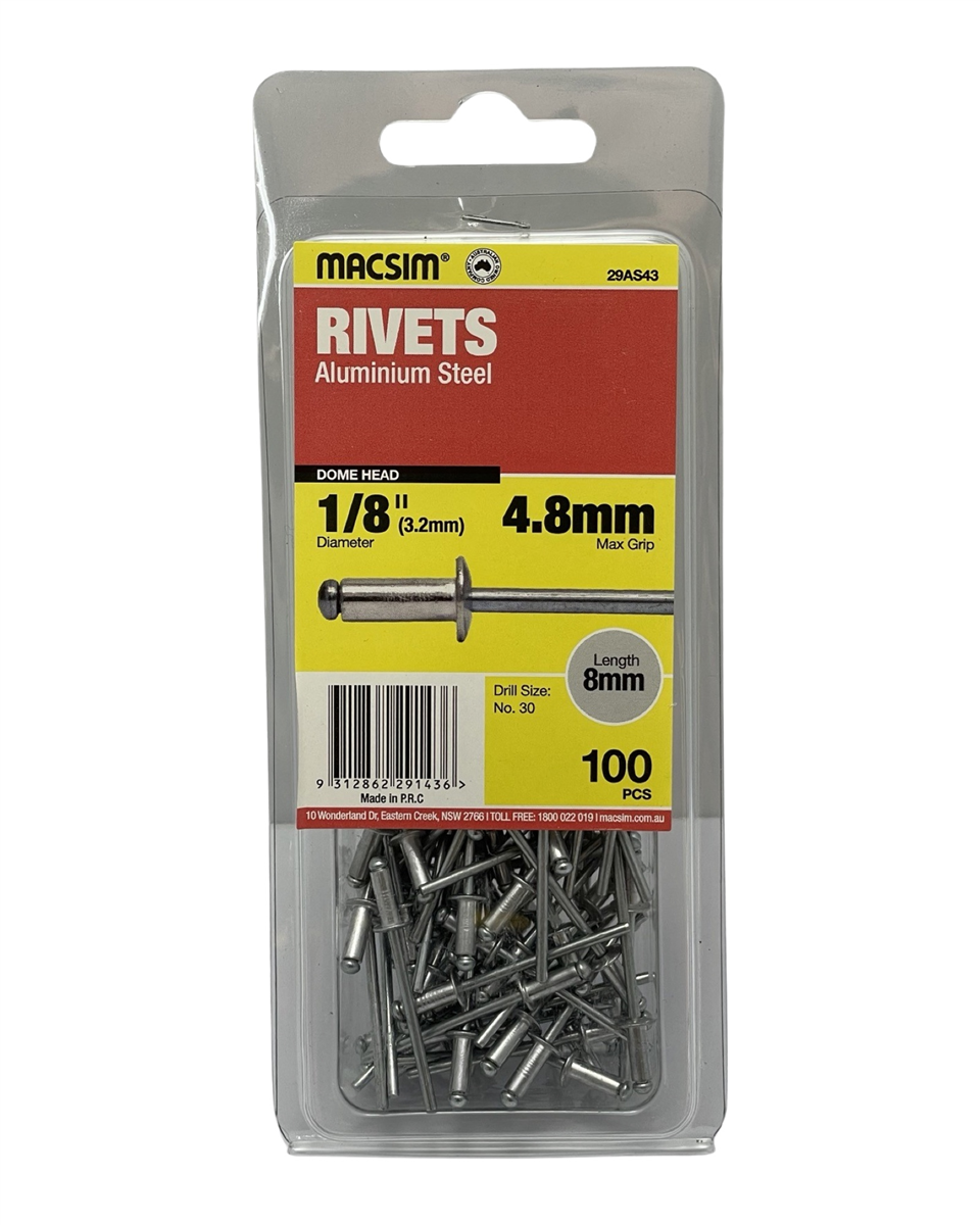 Macsim Dome Head Aluminium Blind Rivets 3.2 x 4.8mm, 100 Pack