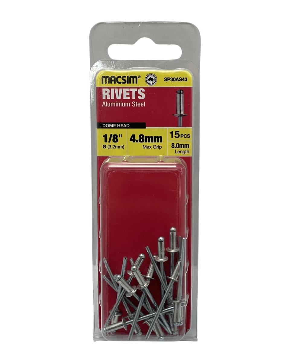 Macsim Aluminium Dome Head Blind Rivets 3.2 x 4.8mm, 15 Pack