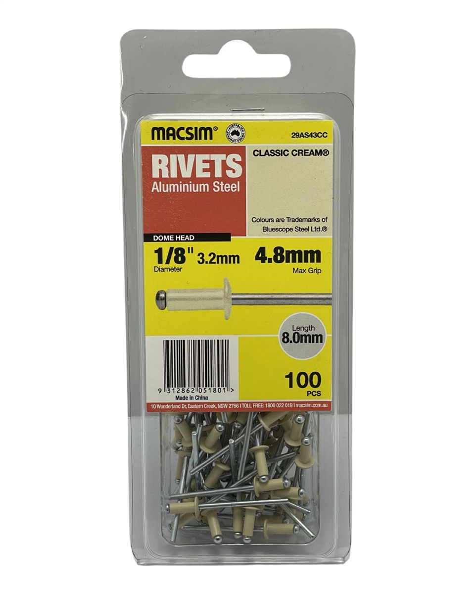 Macsim Dome Head Blind Rivets 3.2 x 4.8mm Classic Cream, 100 Pack
