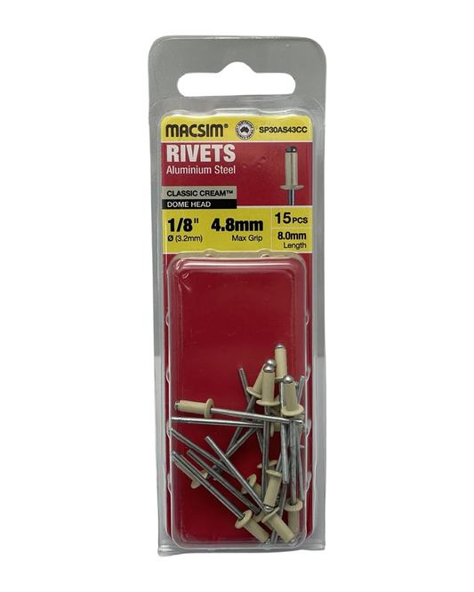 Macsim Dome Head Blind Rivets 3.2 x 4.8mm Classic Cream, 15 Pack