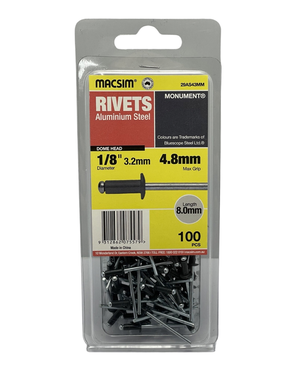 Macsim Dome Head Blind Rivets 3.2 x 4.8mm Monument, 100 Pack
