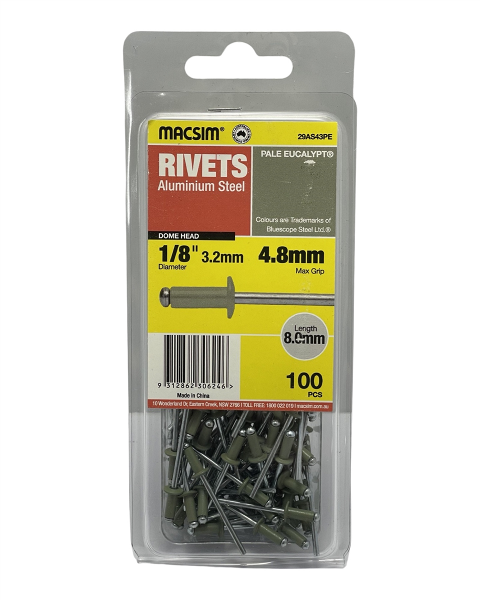 Macsim Dome Head Blind Rivets 3.2 x 4.8mm Pale Eucalypt, 100 Pack