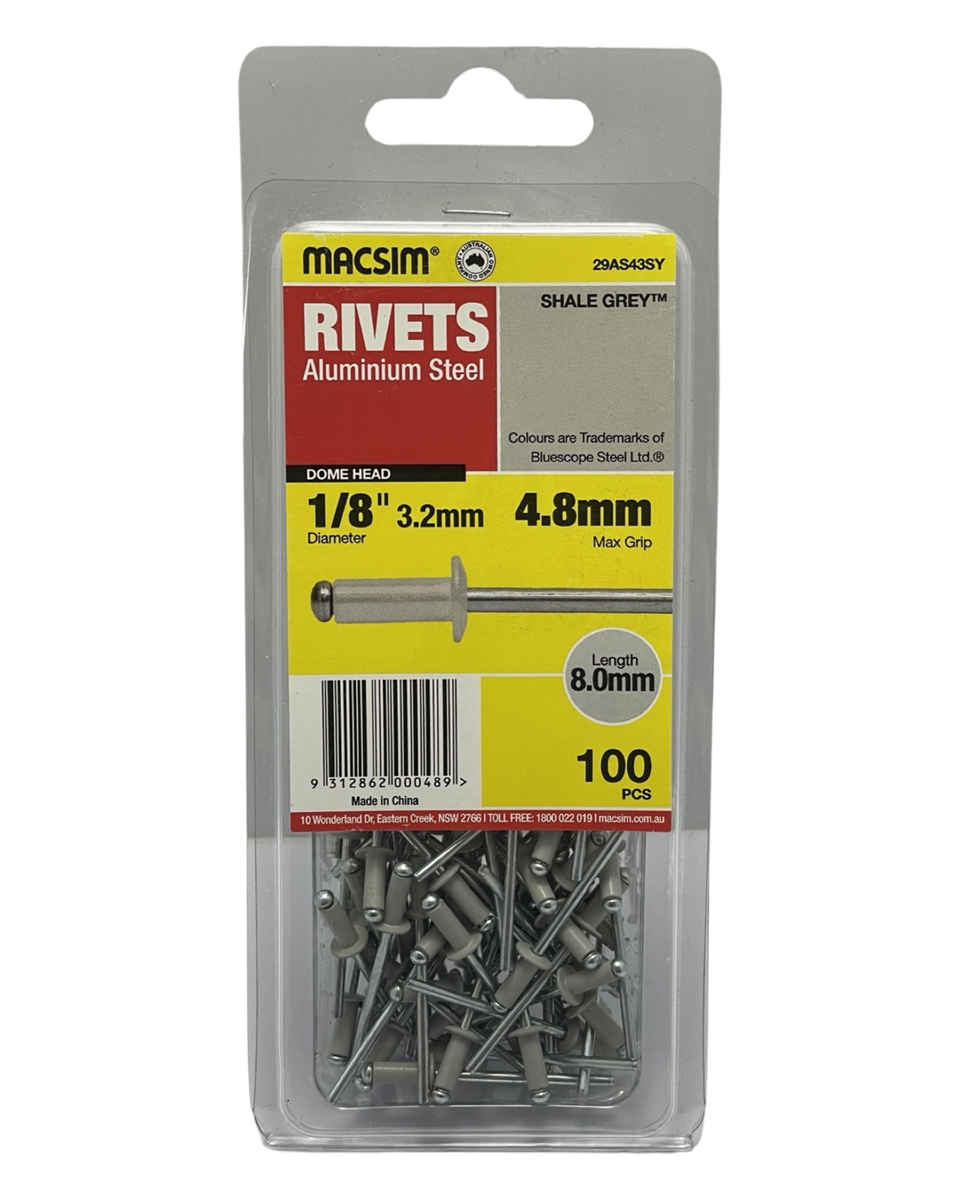 Macsim Dome Head Blind Rivets 3.2 x 4.8mm Shale Grey, 100 Pack