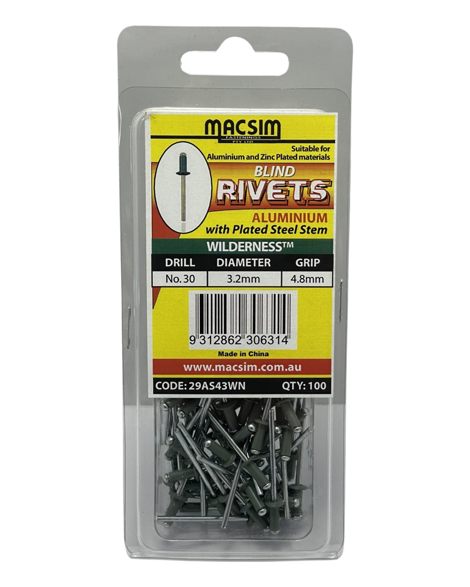 Macsim Dome Head Blind Rivets 3.2 x 4.8mm Wilderness, 100 Pack