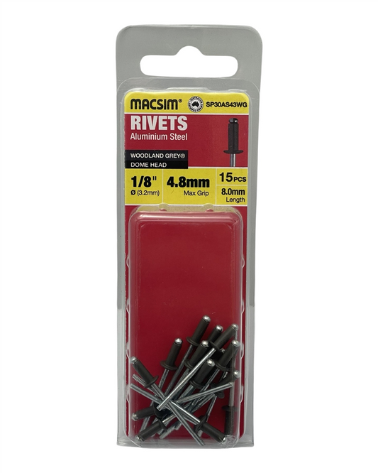 Macsim Dome Head Blind Rivets 3.2 x 4.8mm Woodland Grey, 15 Pack