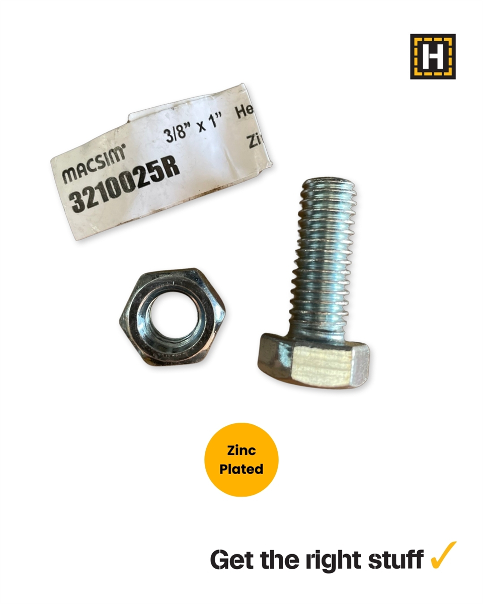 Macsim Hex Bolt and Nut 3/8" x 1" Zinc Plated