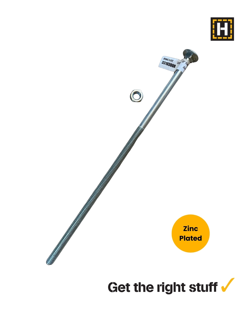 Macsim 3/8" x 12" Cup Head Coach Bolt and Nut Zinc Plated