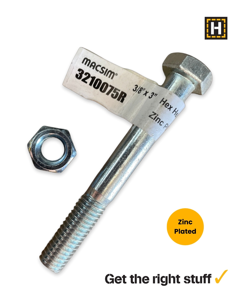 Macsim Hex Bolt and Nut 3/8" x 3" Zinc Plated