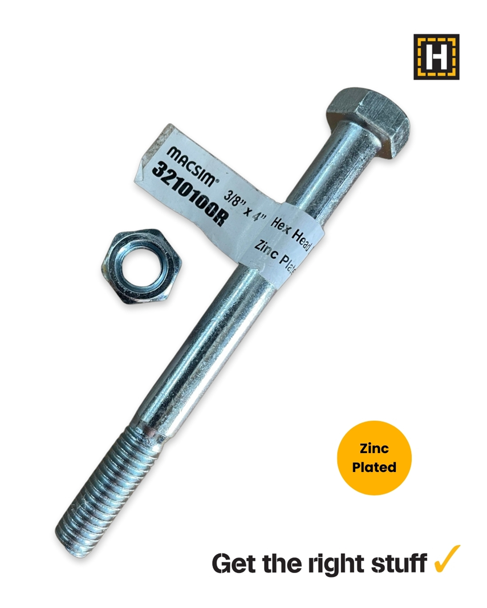 Macsim Hex Bolt and Nut 3/8" x 4" Zinc Plated