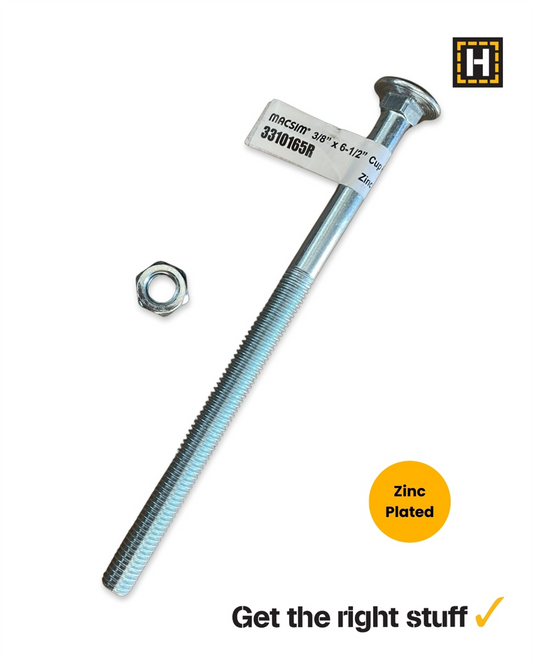 Macsim 3/8" x 6 1/2" Cup Head Coach Bolt and Nut Zinc Plated