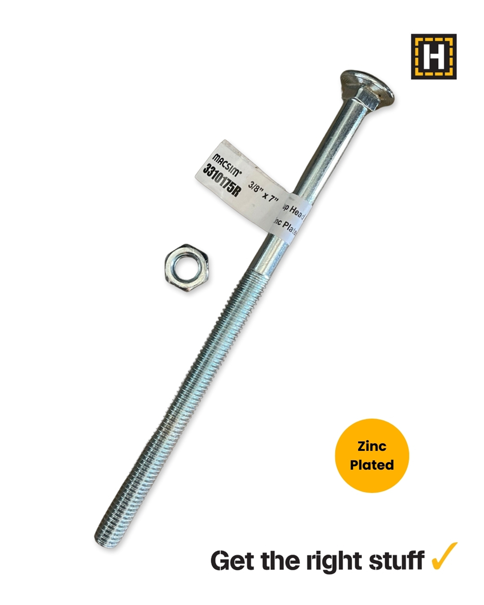 Macsim 3/8" x 7" Cup Head Coach Bolt and Nut Zinc Plated