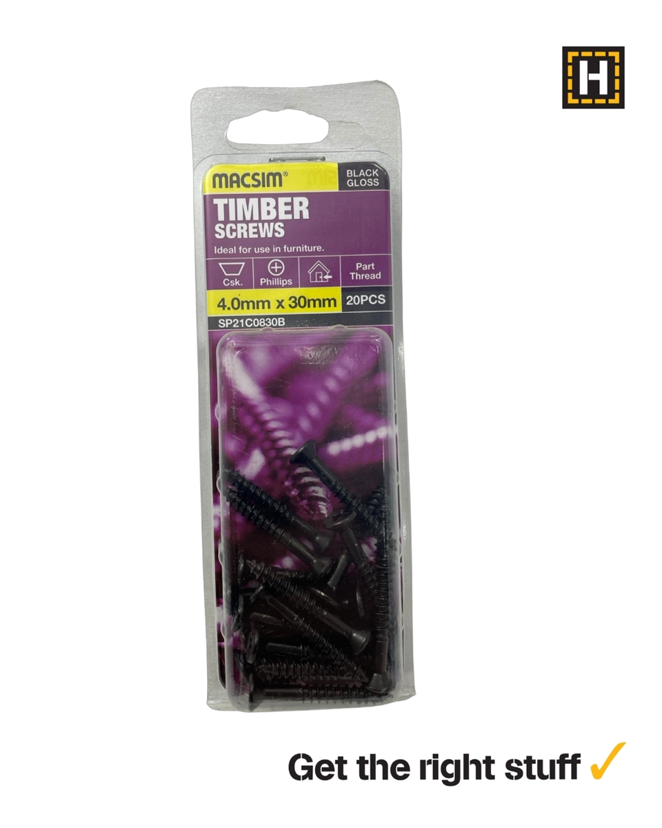 Macsim Countersunk Timber Screws Gloss Black 4.0mm x 30mm