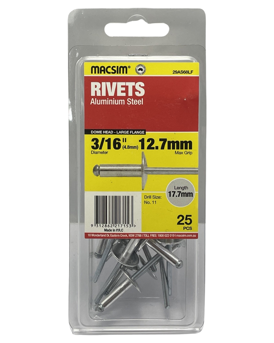 Macsim Large Flange Aluminium Blind Rivets 4.8 x 12.7mm, 25 Pack