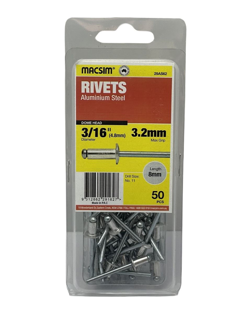 Macsim Dome Head Aluminium Blind Rivets 4.8 x 3.2mm, 50 Pack
