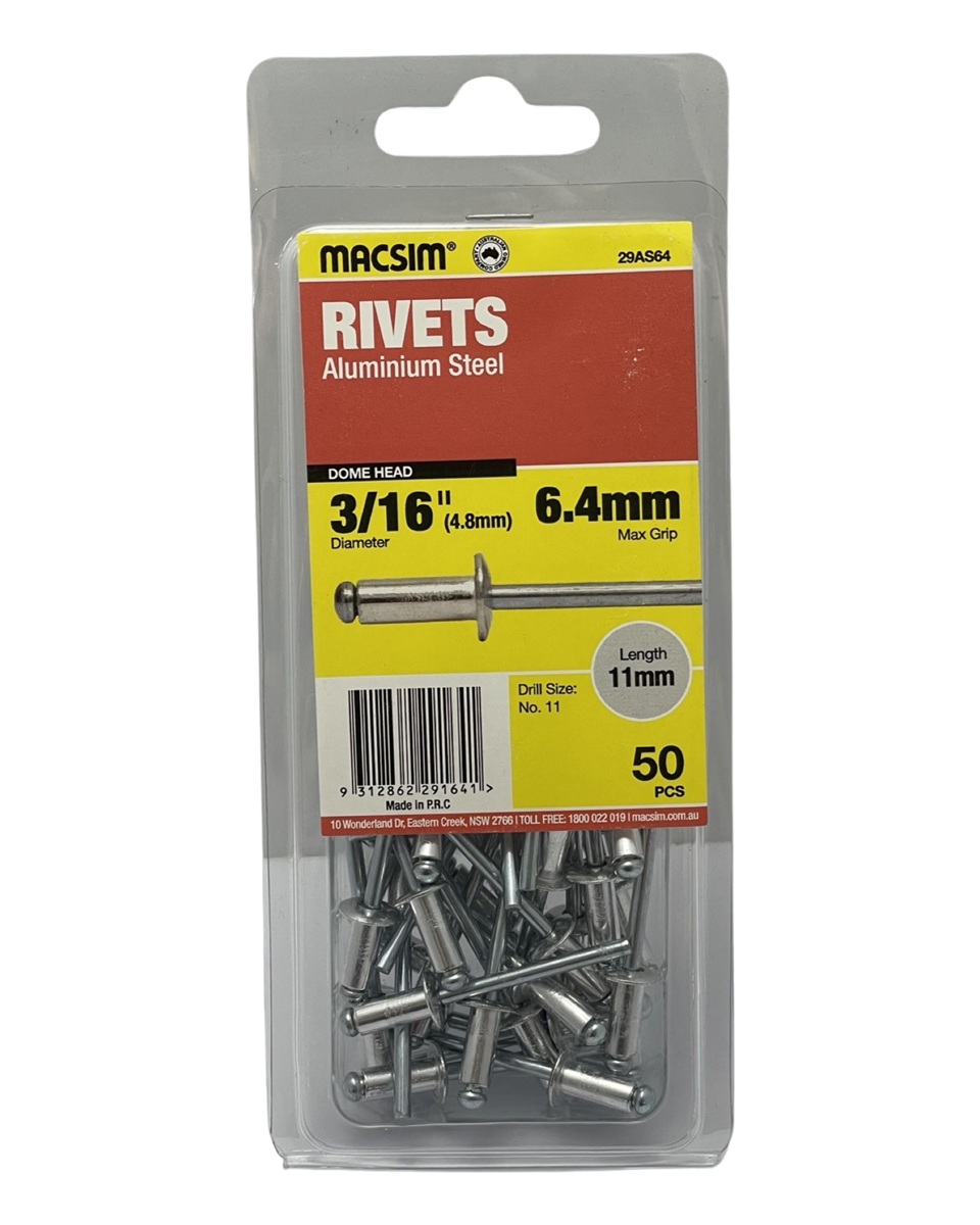 Macsim Dome Head Aluminium Blind Rivets 4.8 x 6.4mm, 50 Pack