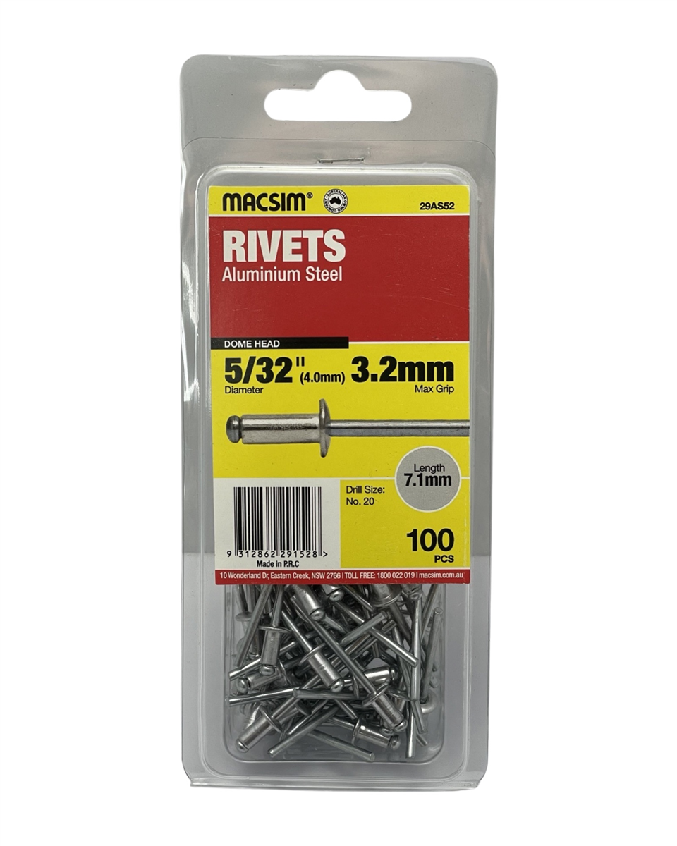 Macsim Dome Head Aluminium Blind Rivets 4 x 3.2mm, 100 Pack