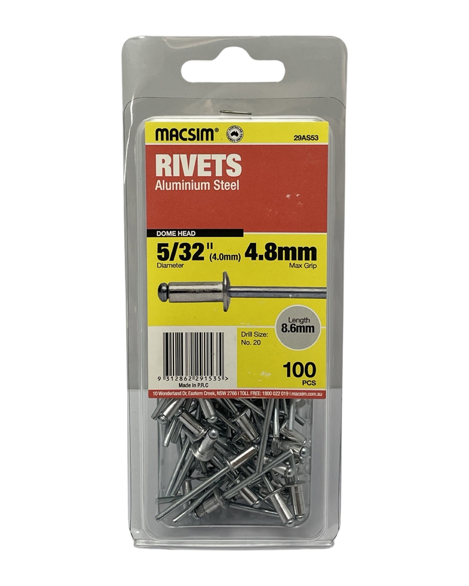 Macsim Dome Head Aluminium Blind Rivets 4 x 4.8mm, 100 Pack