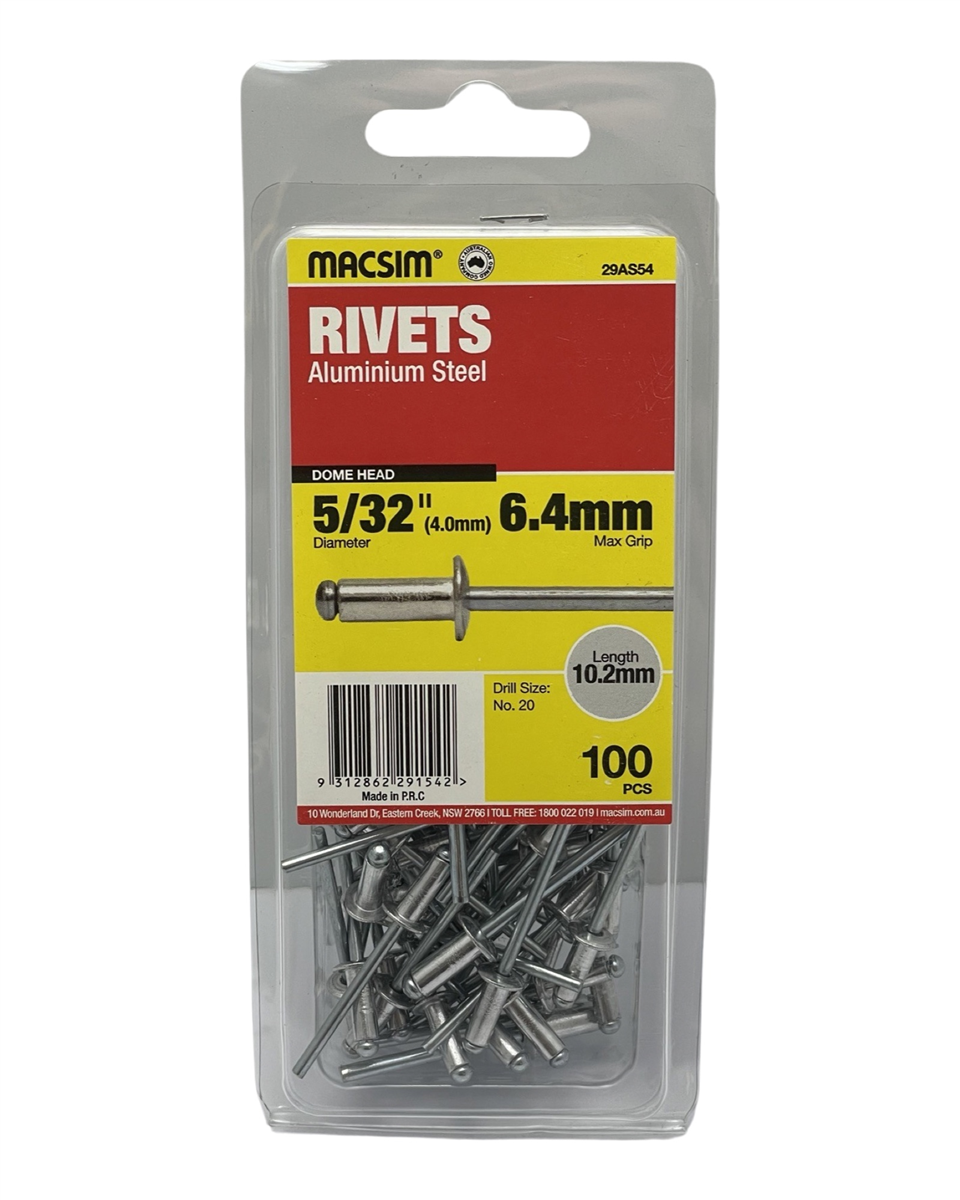 Macsim Dome Head Aluminium Blind Rivets 4 x 6.4mm, 100 Pack