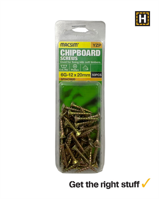 Macsim Chipboard Screws Yellow Zinc 6g x 20mm 50 Pack