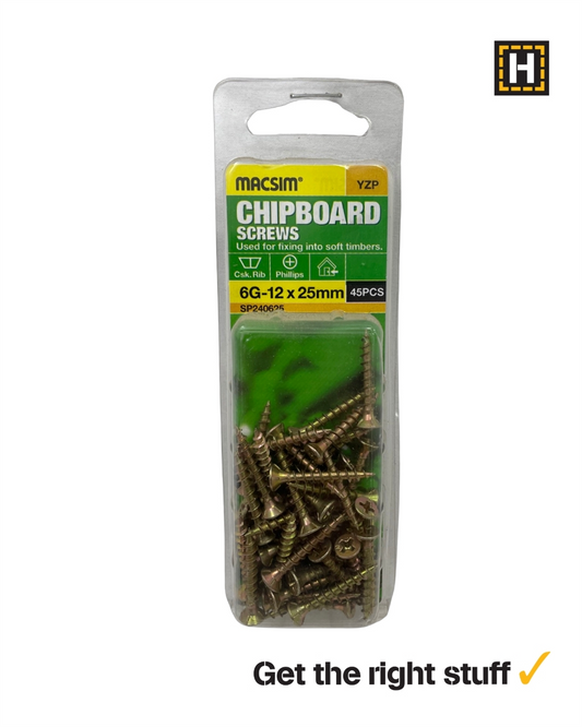 Macsim Chipboard Screws Yellow Zinc 6g x 25mm 45 Pack