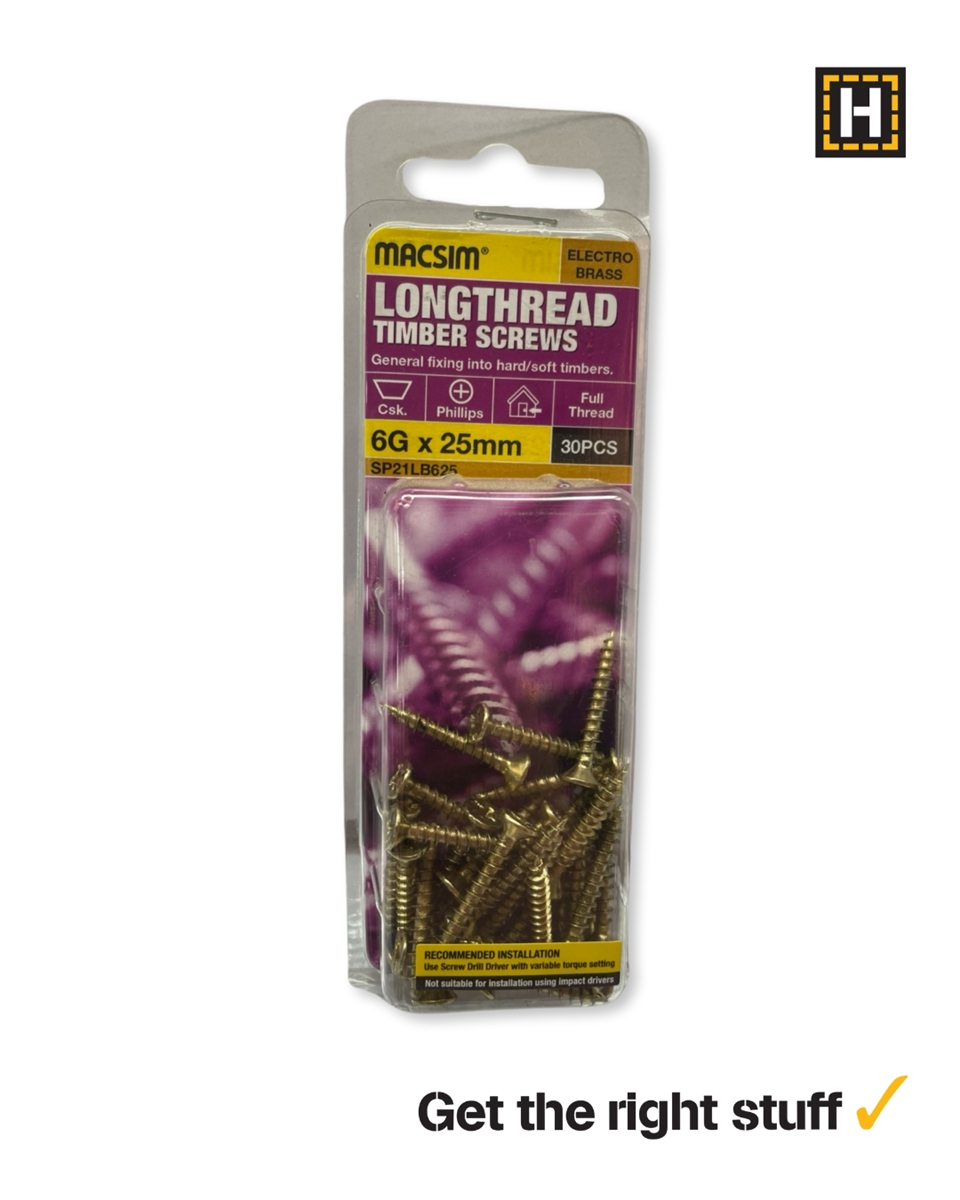 Macsim Longthread Timber Screws 6g x 25mm Brass Plated