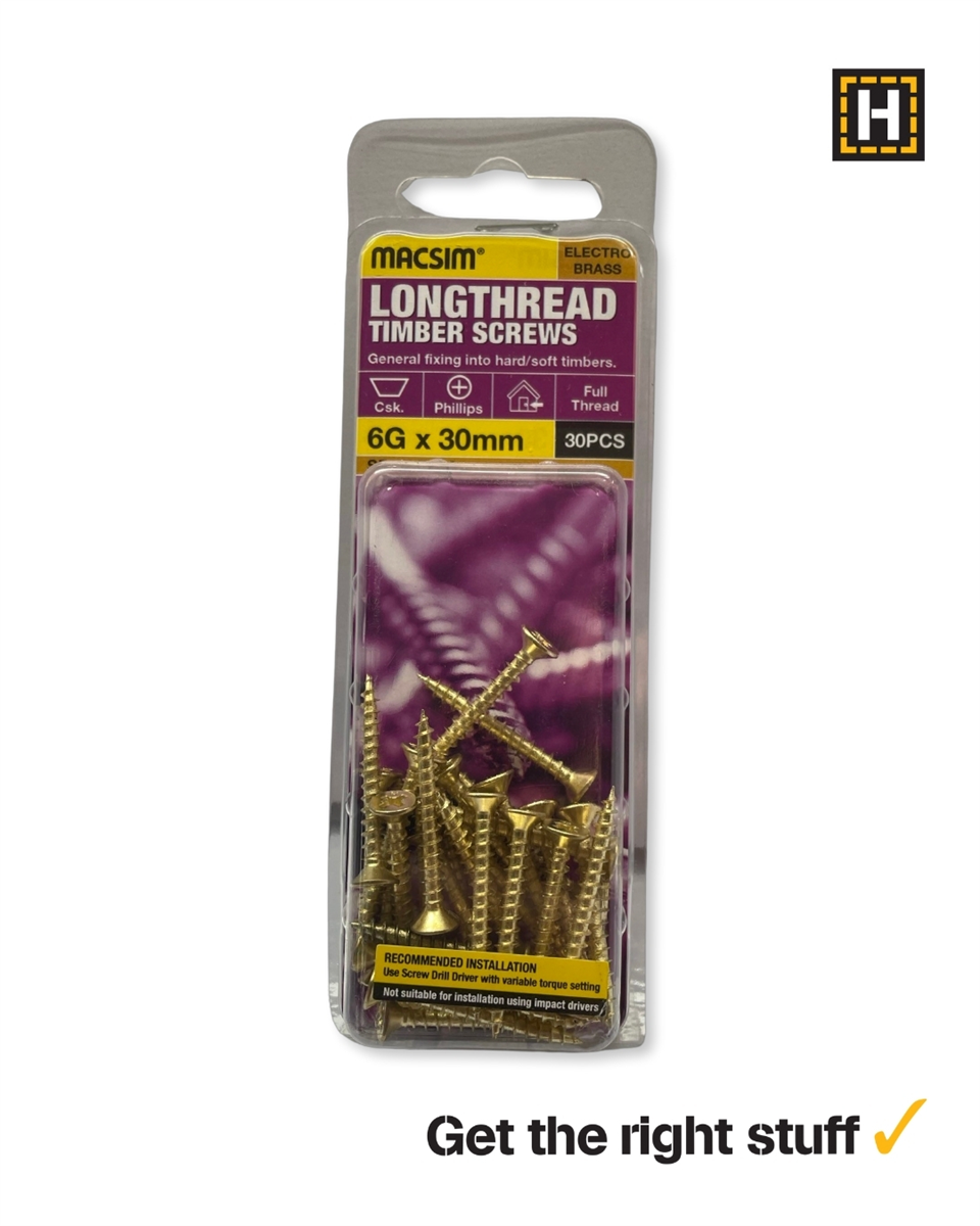 Macsim Longthread Timber Screws 6g x 30mm Brass Plated
