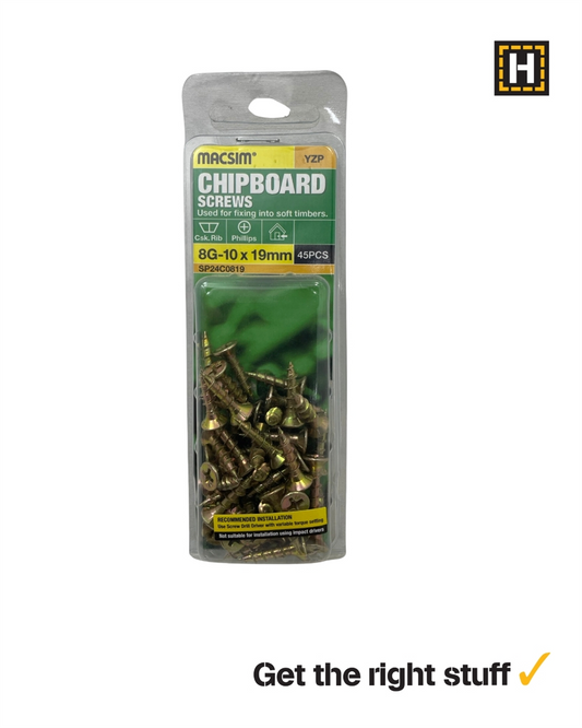 Macsim Chipboard Screws Yellow Zinc 8g x 19mm 45 Pack