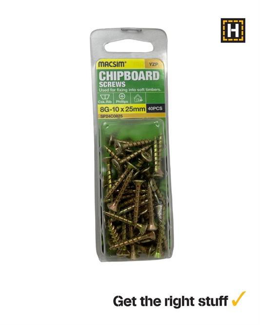Macsim Chipboard Screws Yellow Zinc 8g x 25mm 40 Pack