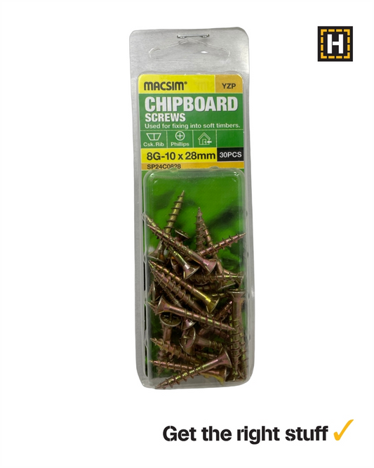 Macsim Chipboard Screws Yellow Zinc 8g x 28mm 30 Pack