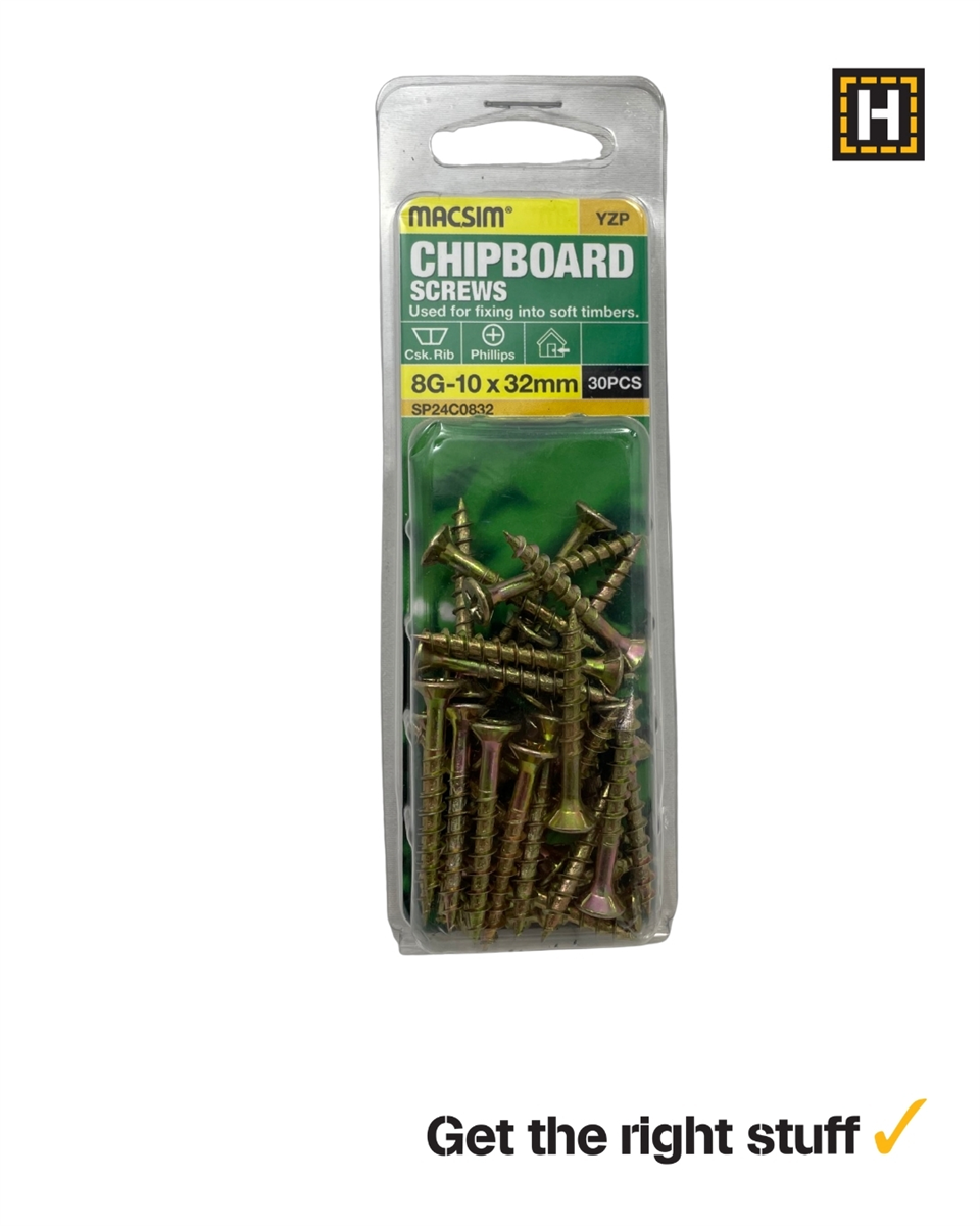 Macsim Chipboard Screws Yellow Zinc 8g x 32mm 30 Pack