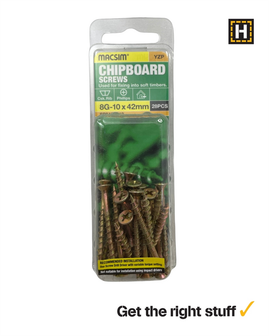 Macsim Chipboard Screws Yellow Zinc 8g x 42mm 28 Pack