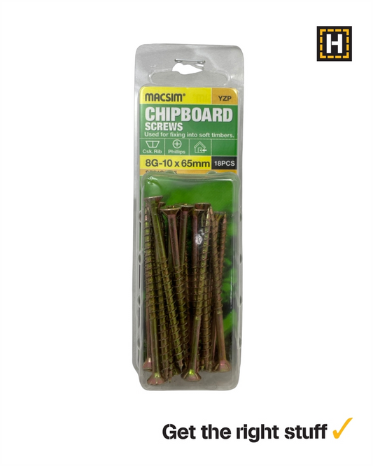 Macsim Chipboard Screws Yellow Zinc 8g x 65mm 18 Pack