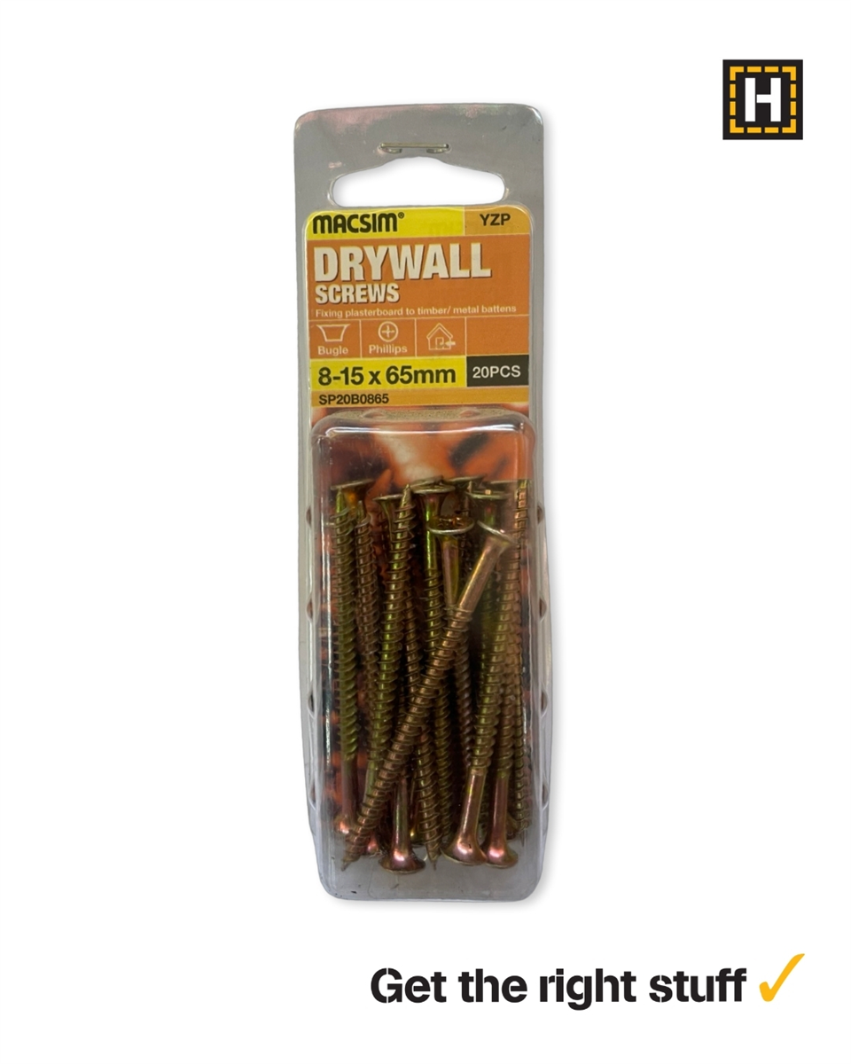 Macsim Bugle Head Drywall Screws Yellow Zinc 8g x 65mm