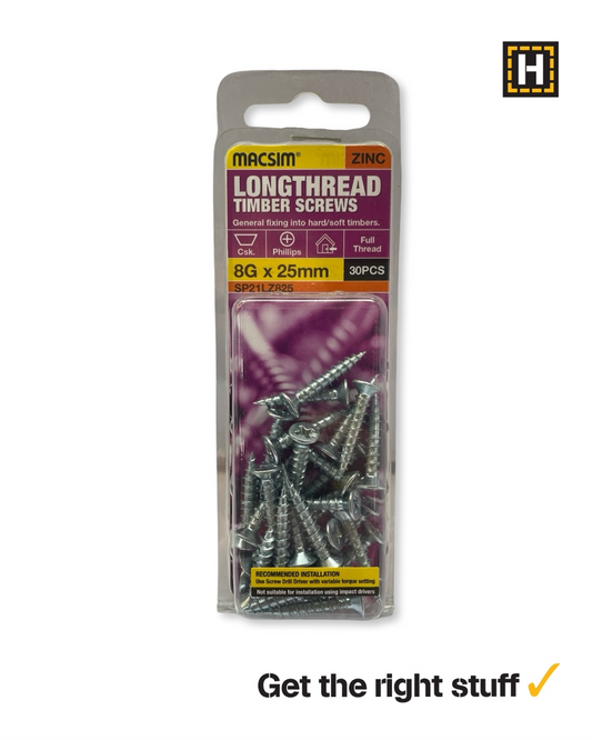Macsim Longthread Timber Screws 8g x 25mm Zinc Plated