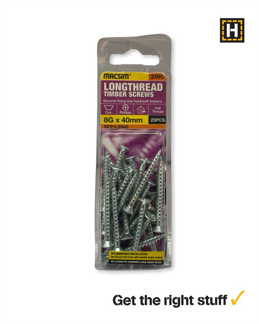 Macsim Longthread Timber Screws 8g x 40mm Zinc Plated