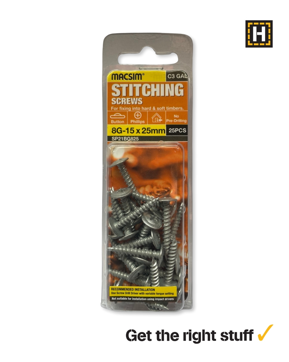 Macsim 8g x 25mm stitching screws C3 galvanised 25 pack