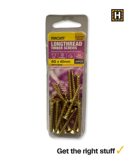 Macsim Longthread Timber Screws 8g x 40mm Brass Plated