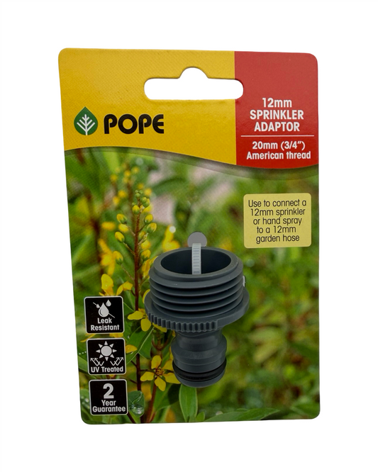 Pope 12mm sprinkler adaptor with 3/4 inch garden hose thread