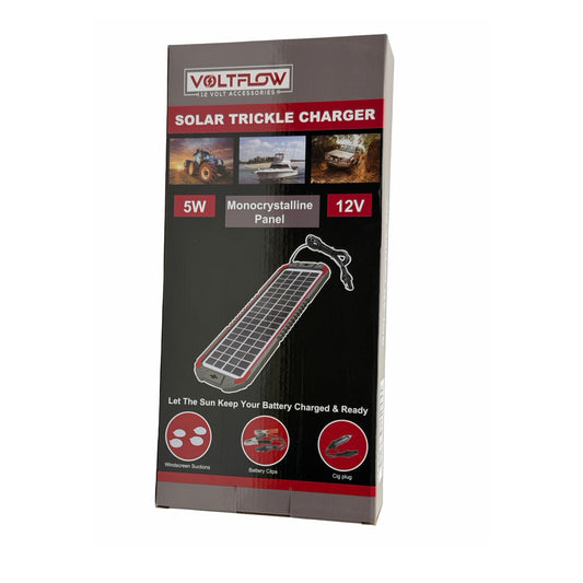 VoltFlow 5W solar trickle charger panel with cigarette plug